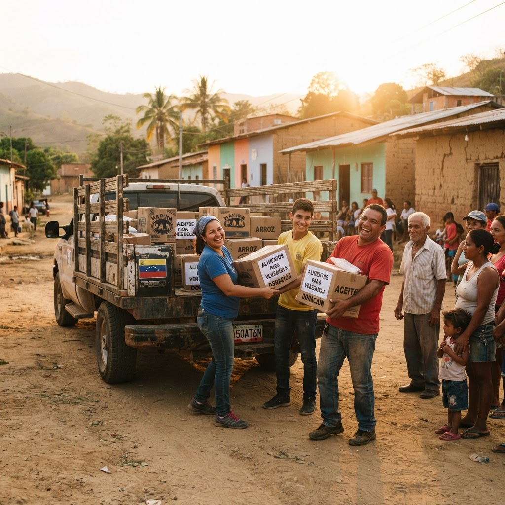 Volunteers unloading boxes of food supplies from a truck in a rural Venezuelan village