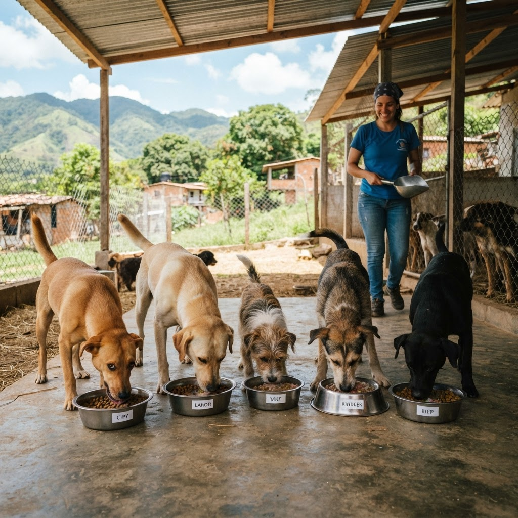 Healthy dogs eating from clean bowls at a community animal shelter