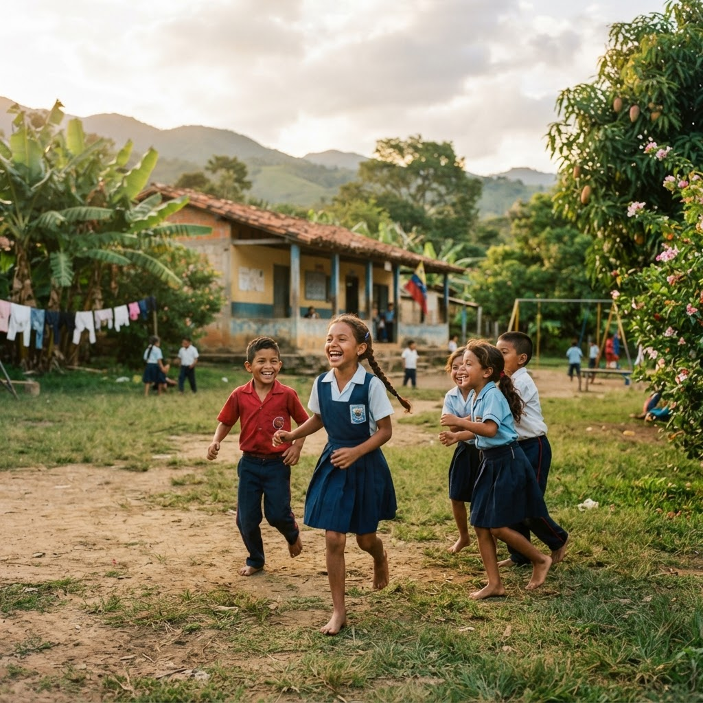 Children laughing and playing in a green rural schoolyard
