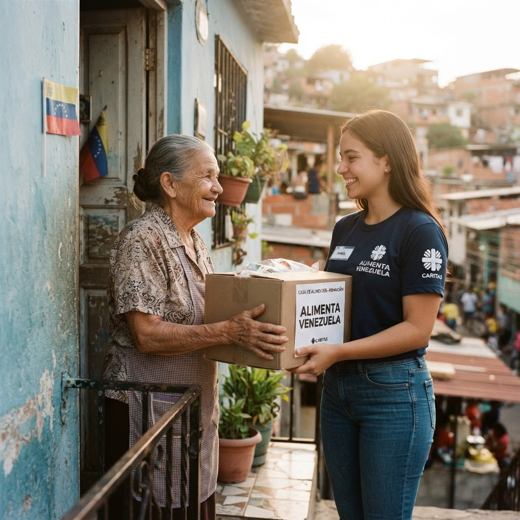 An elderly woman receiving a care package from a smiling volunteer at her doorstep