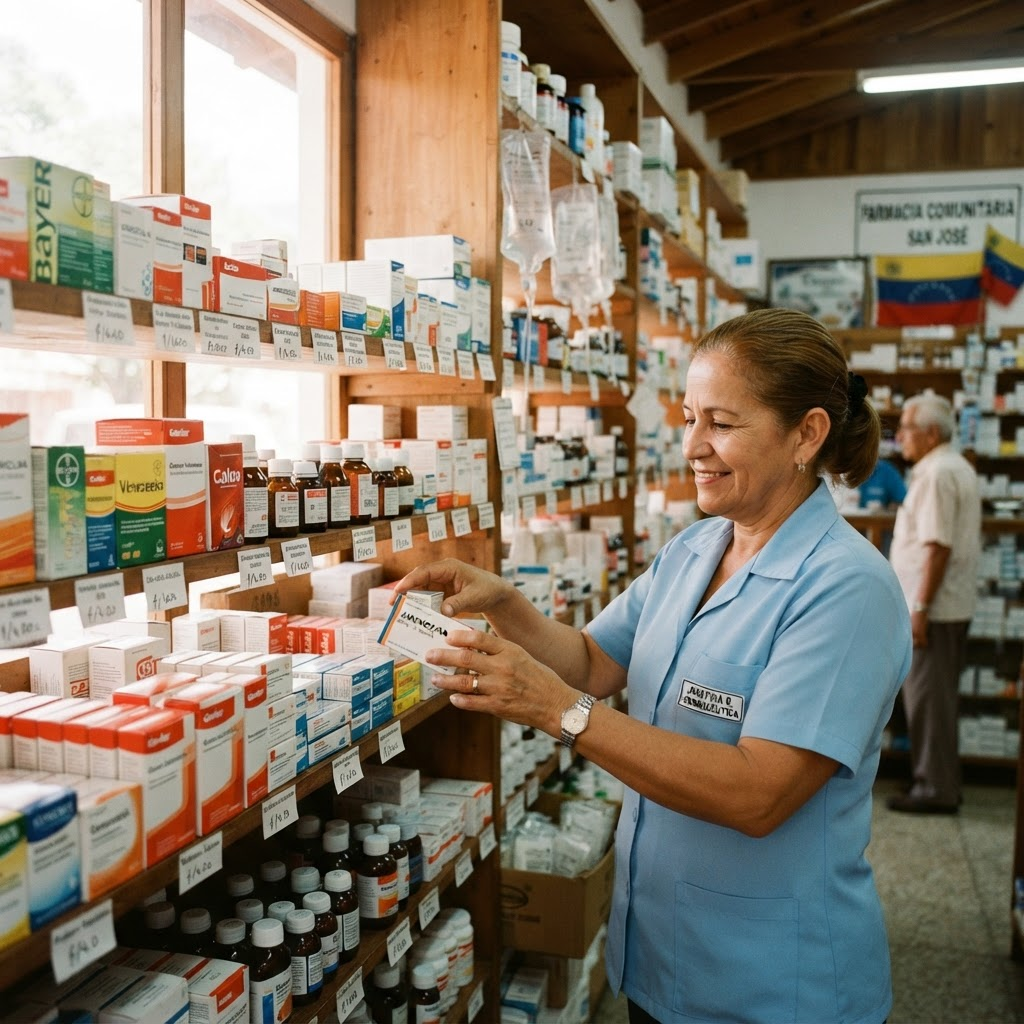 A rural pharmacy shelf stocked with essential medicines and supplies