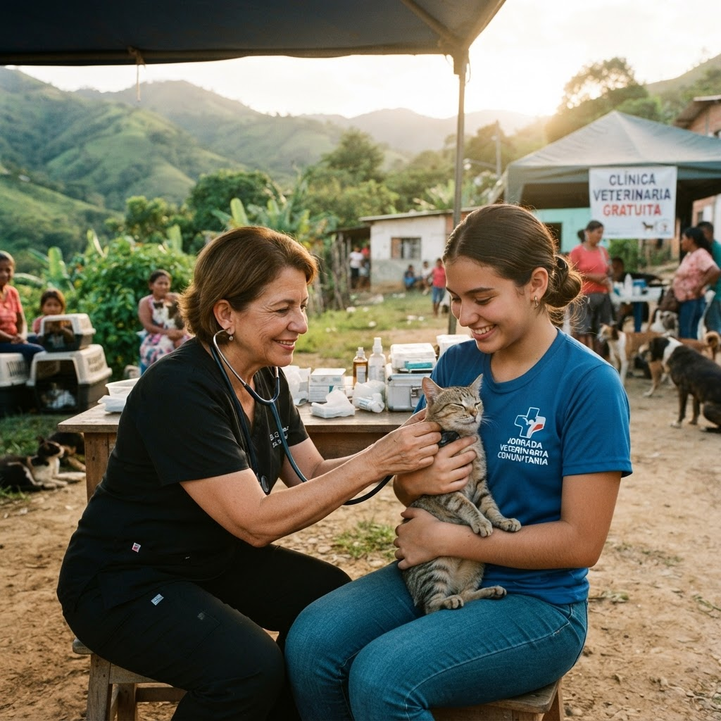 A veterinarian gently examining a cat at an outdoor community clinic