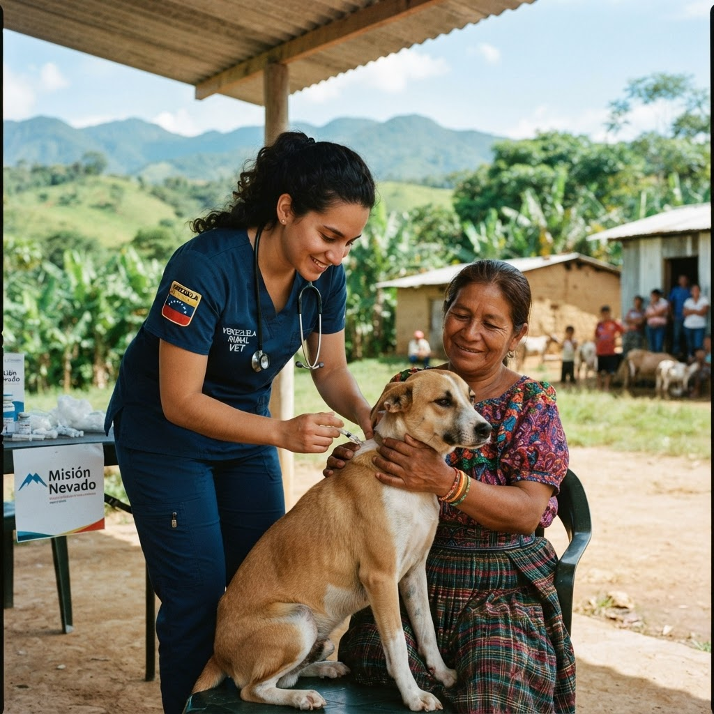 A veterinarian vaccinating a calm dog held gently by a volunteer in rural Venezuela
