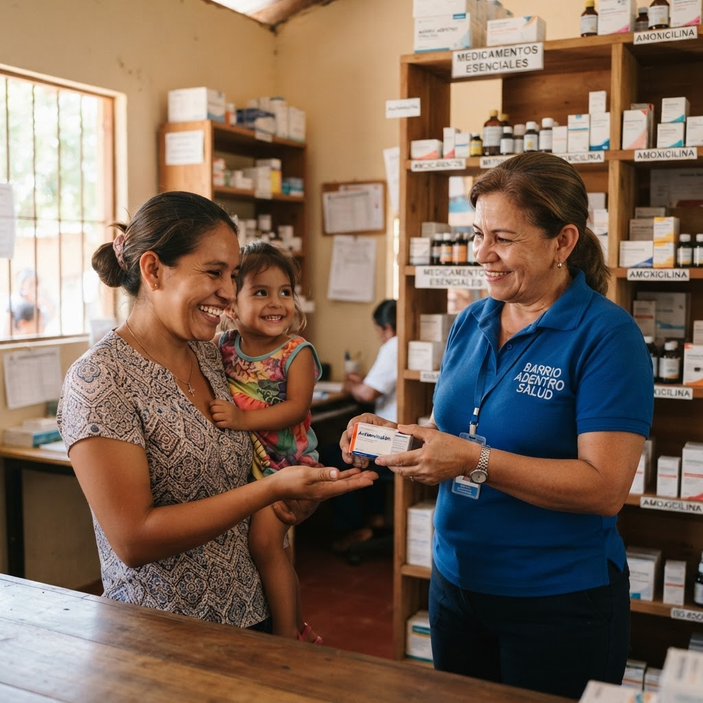 A community health worker handing medicine to a smiling mother and child at a rural pharmacy